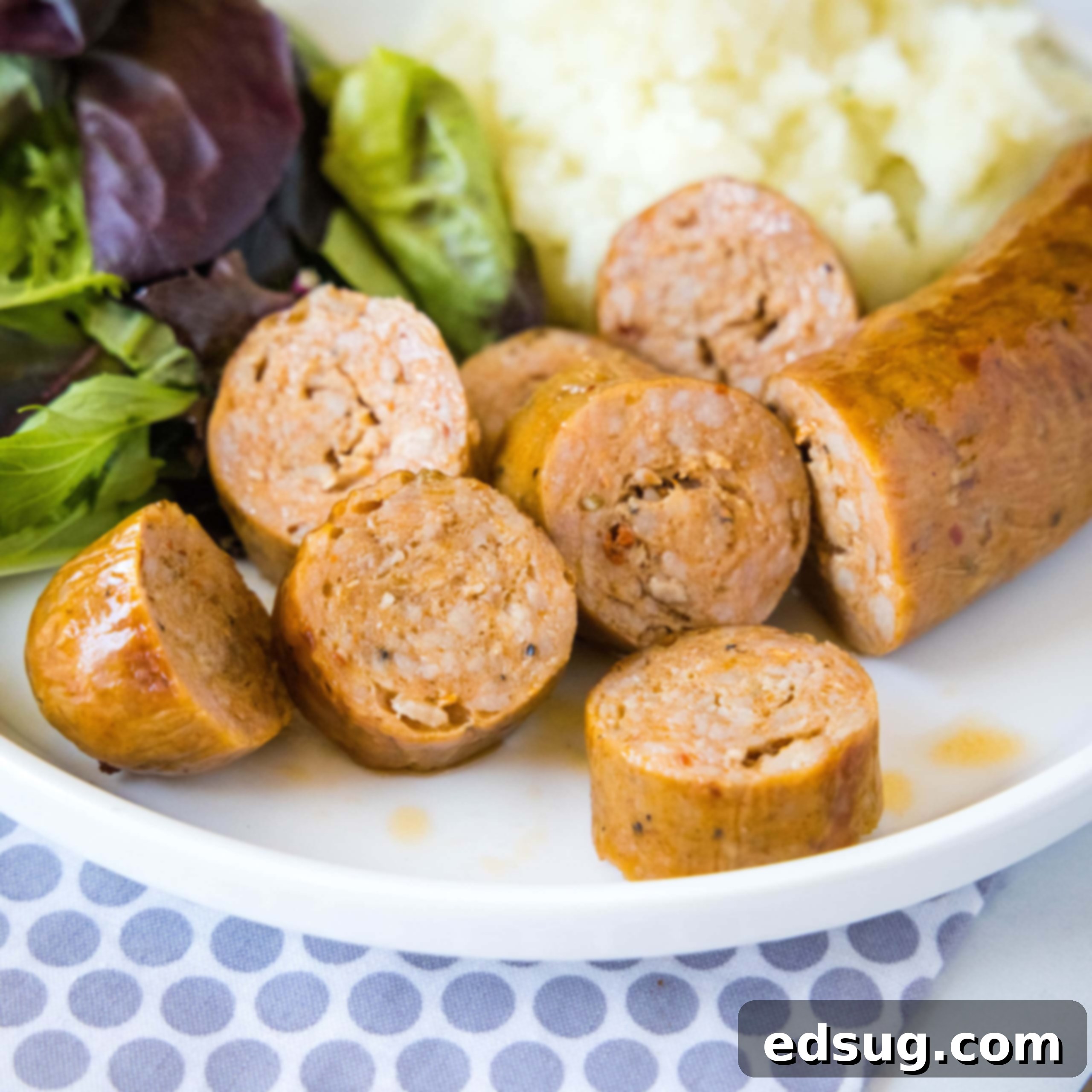 sliced sausage on a white plate with salad
