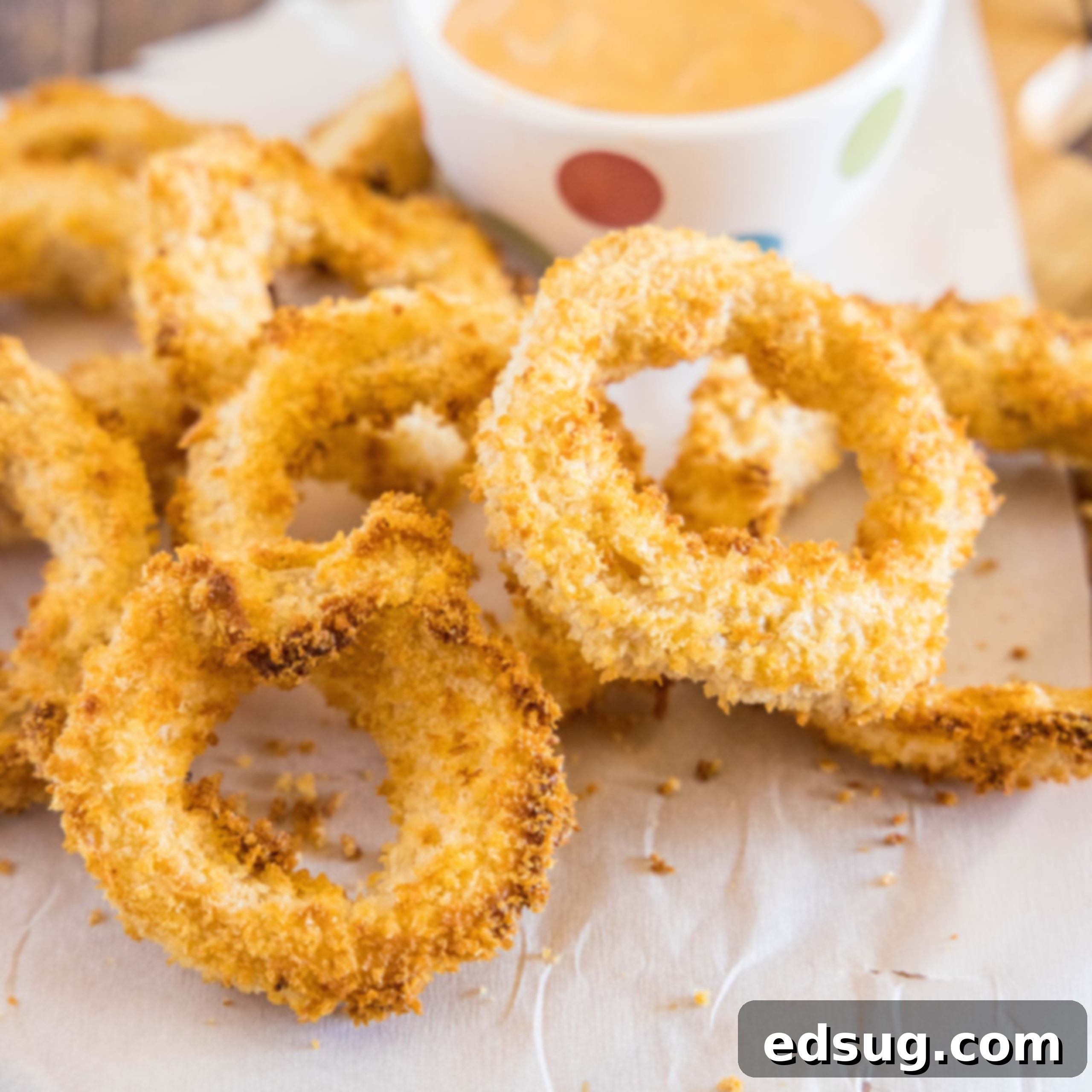 close up of air fried onion rings
