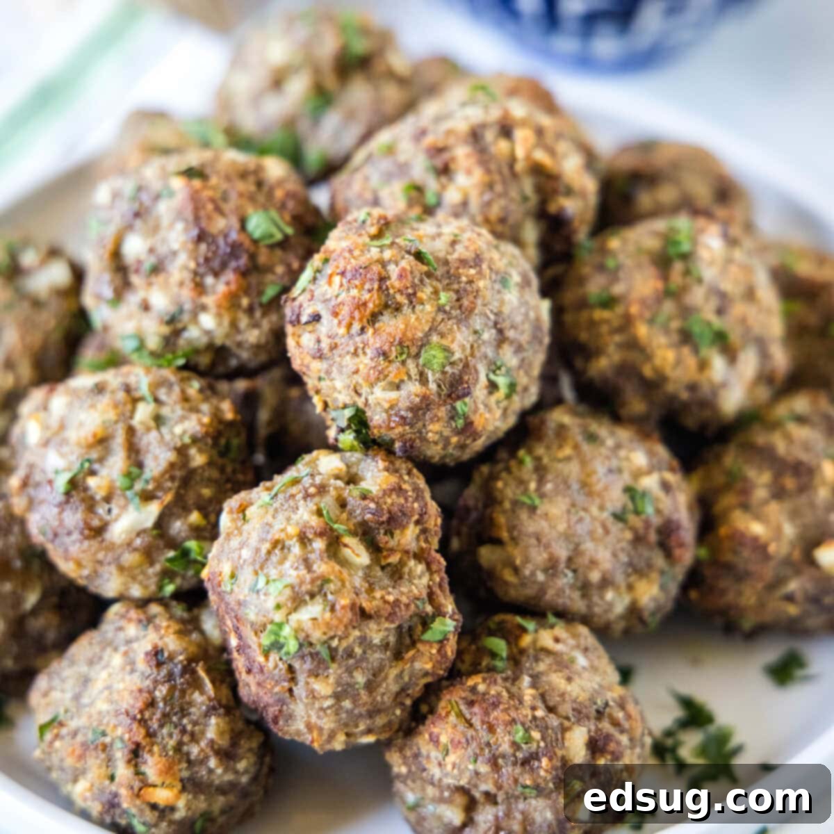 Close up of a plate of meatballs.