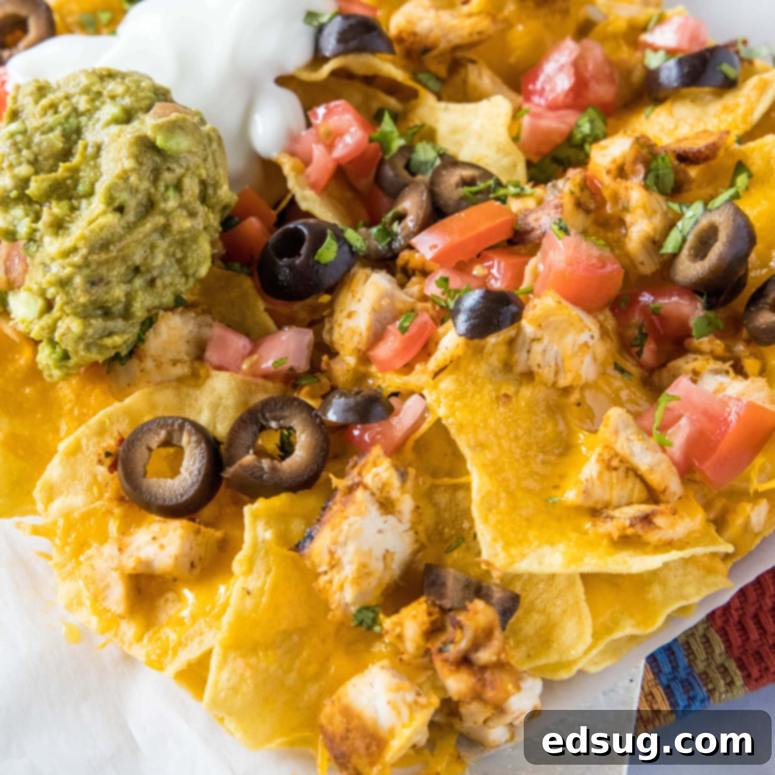 close up cooked air fryer chicken nachos