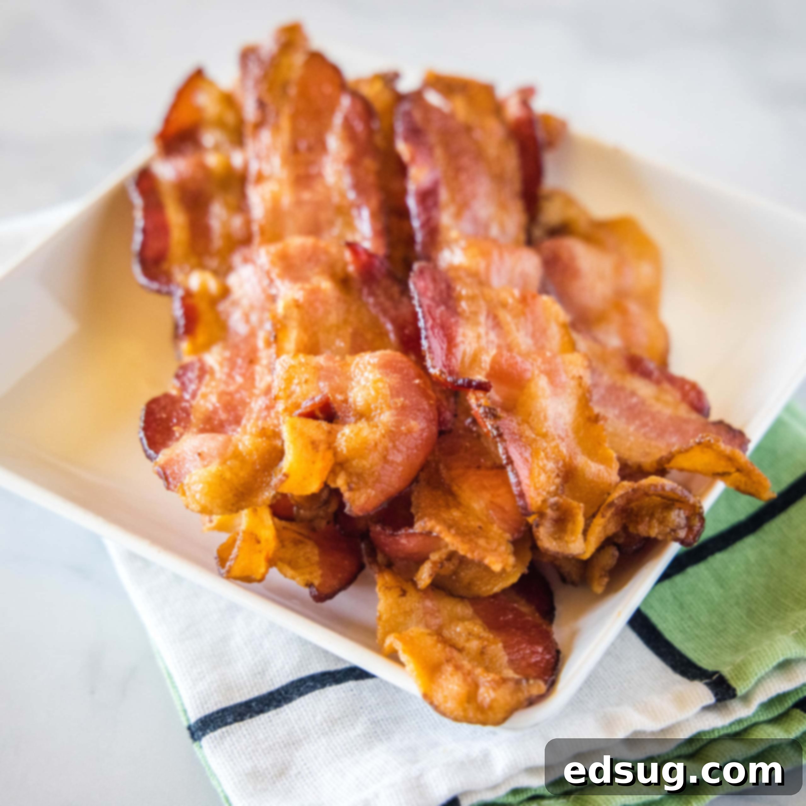 close up strips of bacon on a white plate