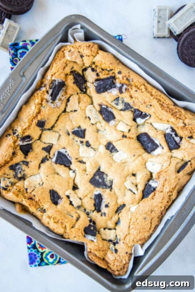 baked cookes and cream bars in baking dish