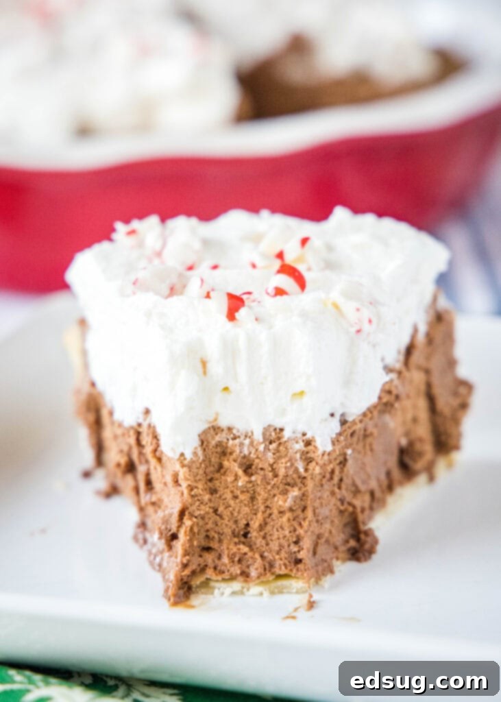 Decadent Peppermint French Silk Pie 6 A close-up of a slice of Peppermint French Silk Pie with a bite gently taken out, revealing the perfectly smooth, dark chocolate filling and the light, fluffy whipped cream topping adorned with crushed peppermint.