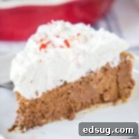 Close up view of a decadent chocolate French Silk Pie topped with white whipped cream and festive crushed candy canes on a white serving plate, highlighting its rich texture and holiday garnishes.
