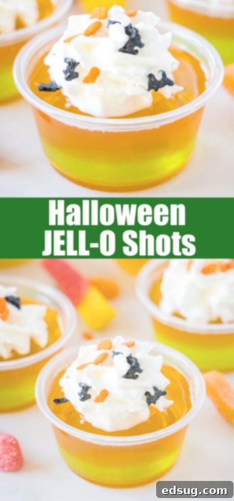 Witches Brew Jello Shots 7 A close-up view of Halloween Jello Shots, perfect for a Pinterest board, showcasing the vibrant orange and green layers.