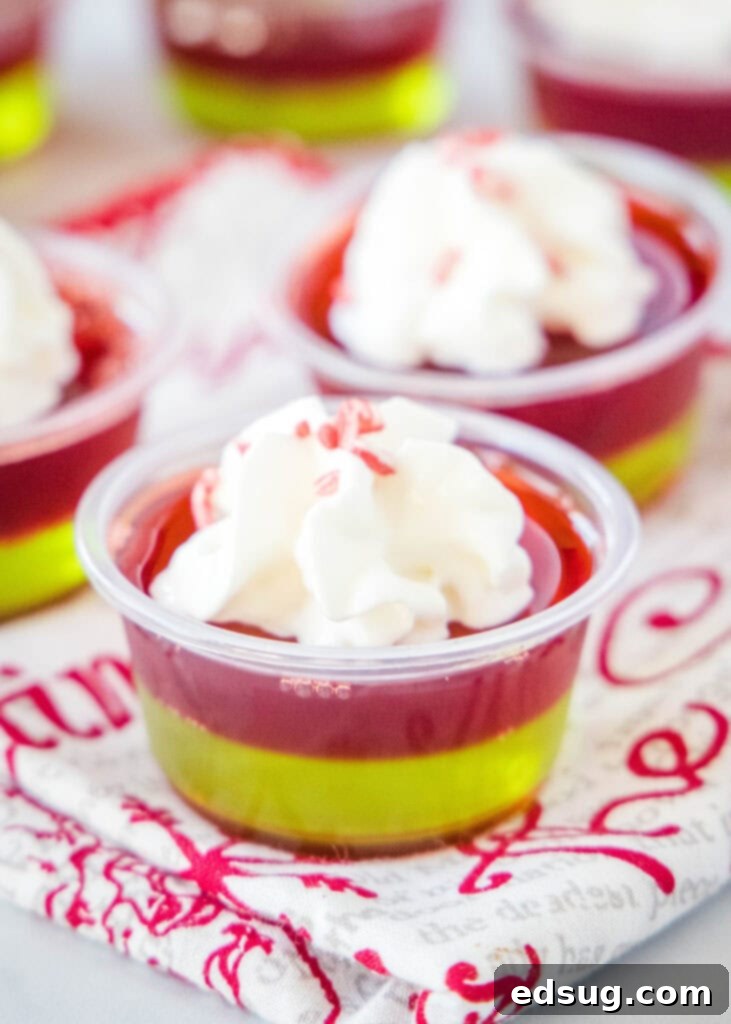 Merry & Bright Jello Shots 2 Close up of a vibrant red and green layered Christmas JELL-O shot, topped with whipped cream and festive sprinkles, ready to be enjoyed.