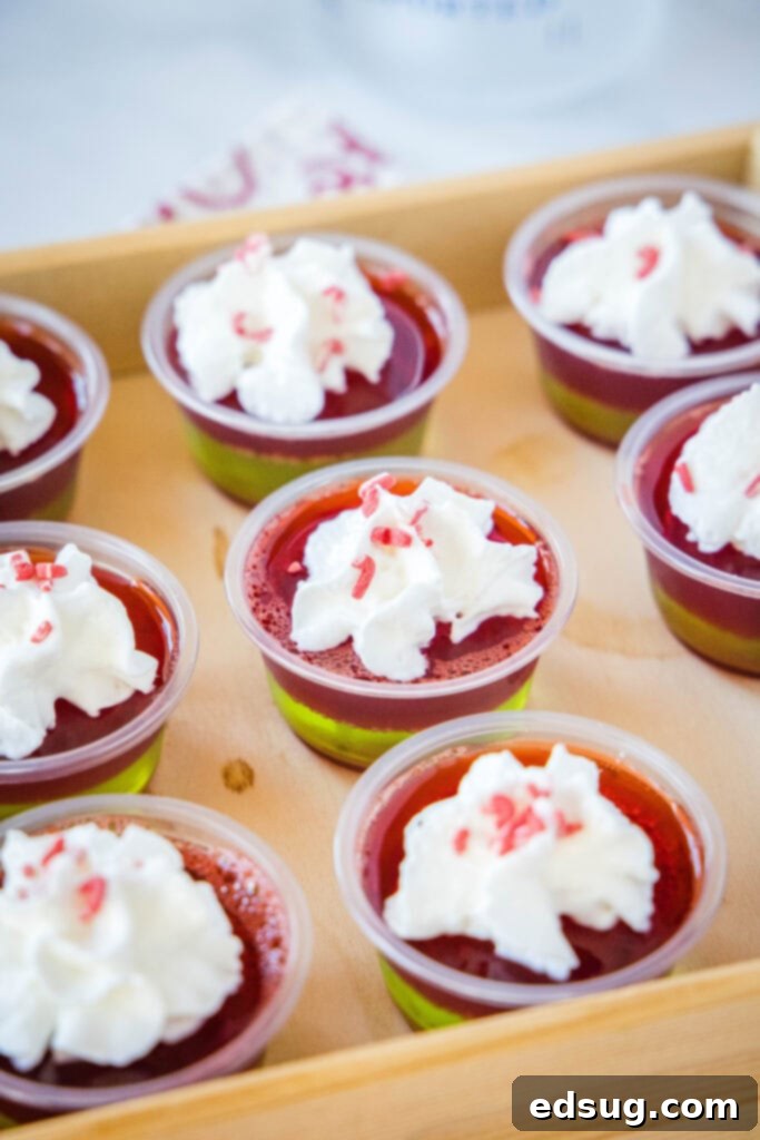 Merry & Bright Jello Shots 3 A festive tray of red and green layered Christmas JELL-O shots, ready for serving at a holiday party.