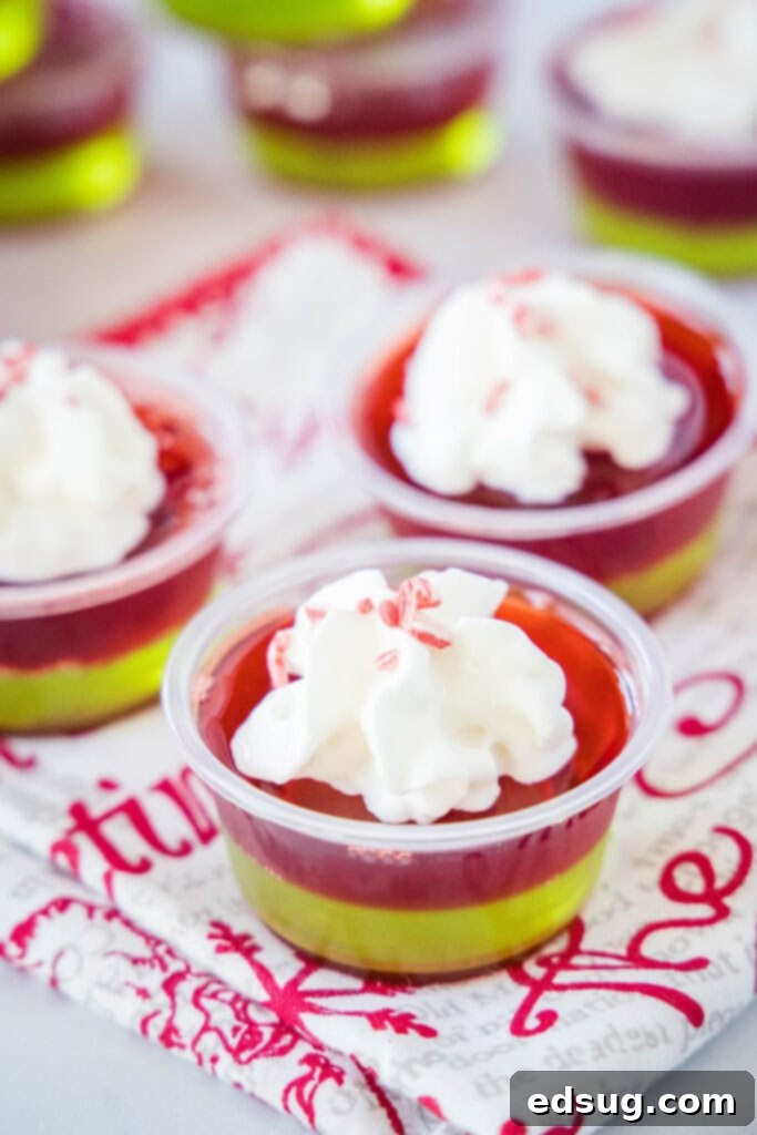 Merry & Bright Jello Shots 6 Perfectly layered red and green Christmas JELL-O shots, beautifully topped with white whipped cream and colorful sprinkles, ready for a festive party.