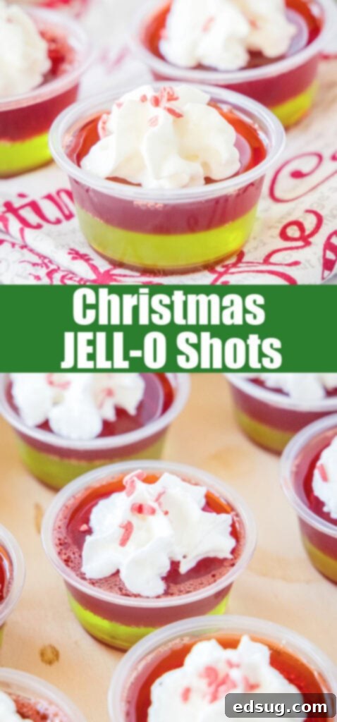 Merry & Bright Jello Shots 8 Close-up of a perfectly layered red and green Christmas JELL-O shot, topped with whipped cream and festive sprinkles, ideal for Pinterest sharing.