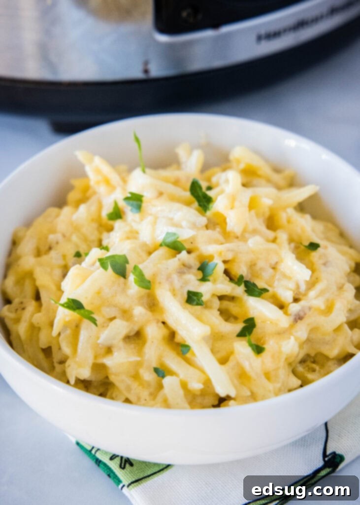 Easy Crockpot Cheesy Hashbrown Bake 5 A pristine white bowl filled with a generous serving of cheesy hashbrown casserole, garnished with a sprinkle of fresh herbs.
