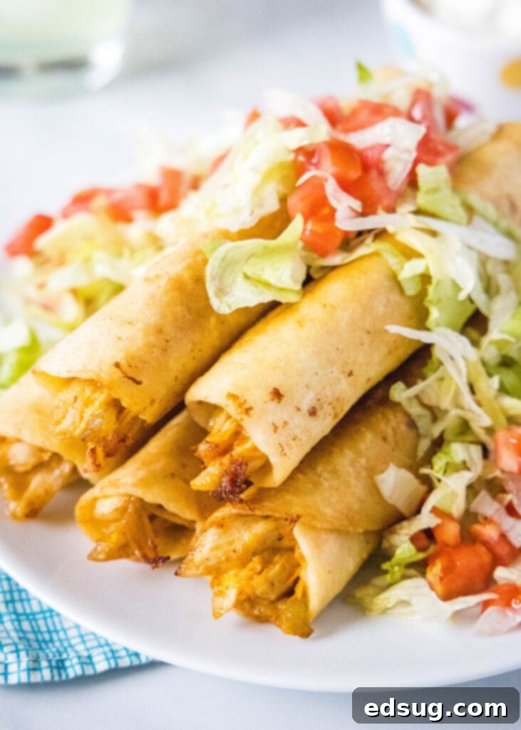 chicken flautas on a white plate with lettuce and tomatoes on top
