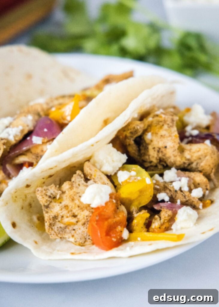 Close up of Instant Pot chicken fajitas served in tortillas on a white plate, ready to eat.