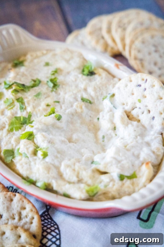 Hot Crab Rangoon Dip 5 a cracker sitting in crab dip dish