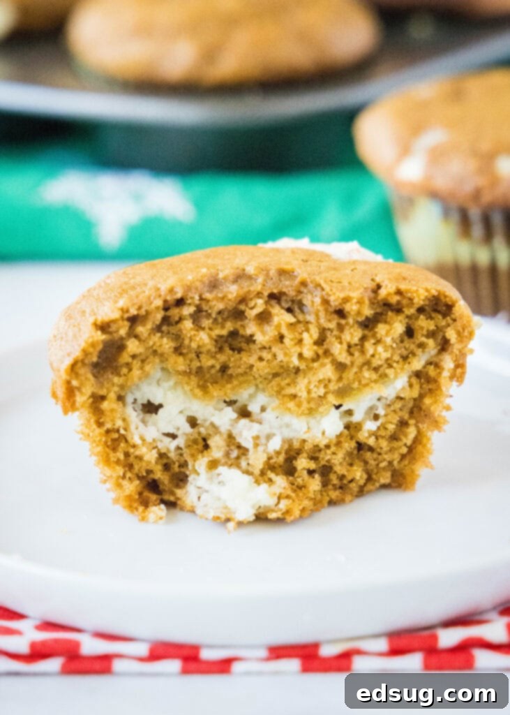 Gingerbread Cheesecake Swirl Muffins 2 muffin cut in half showing the cream cheese layer