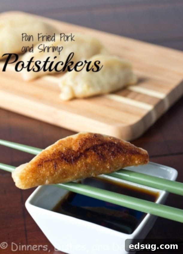 Pan Fried Shrimp and Pork Potstickers | Dinners, Dishes, and Desserts pan fried shrimp and pork potstickers on a board