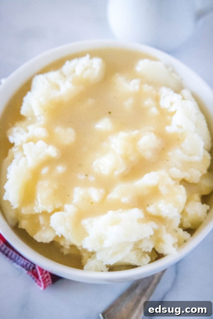 Foolproof Homemade Gravy 5 a bowl of mashed potatoes topped with gravy