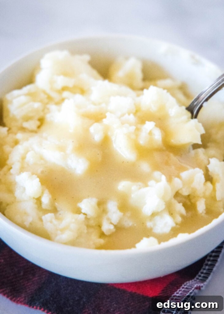 Foolproof Homemade Gravy 6 a spoon in a bowl of mashed potatoes