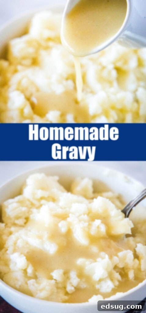 Foolproof Homemade Gravy 7 close up bowl of mashed potatoes and gravy