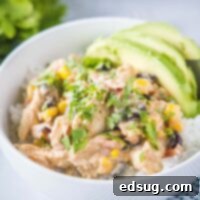 Slow Cooker Fiesta Chicken 7 close up fiesta chicken and rice in a bowl