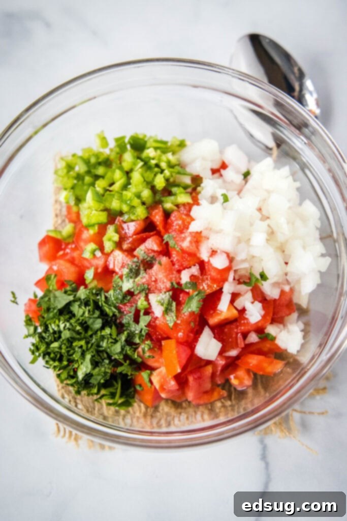 Classic Fresh Salsa 3 adding ingredients to mixing bowl for pico de gallo