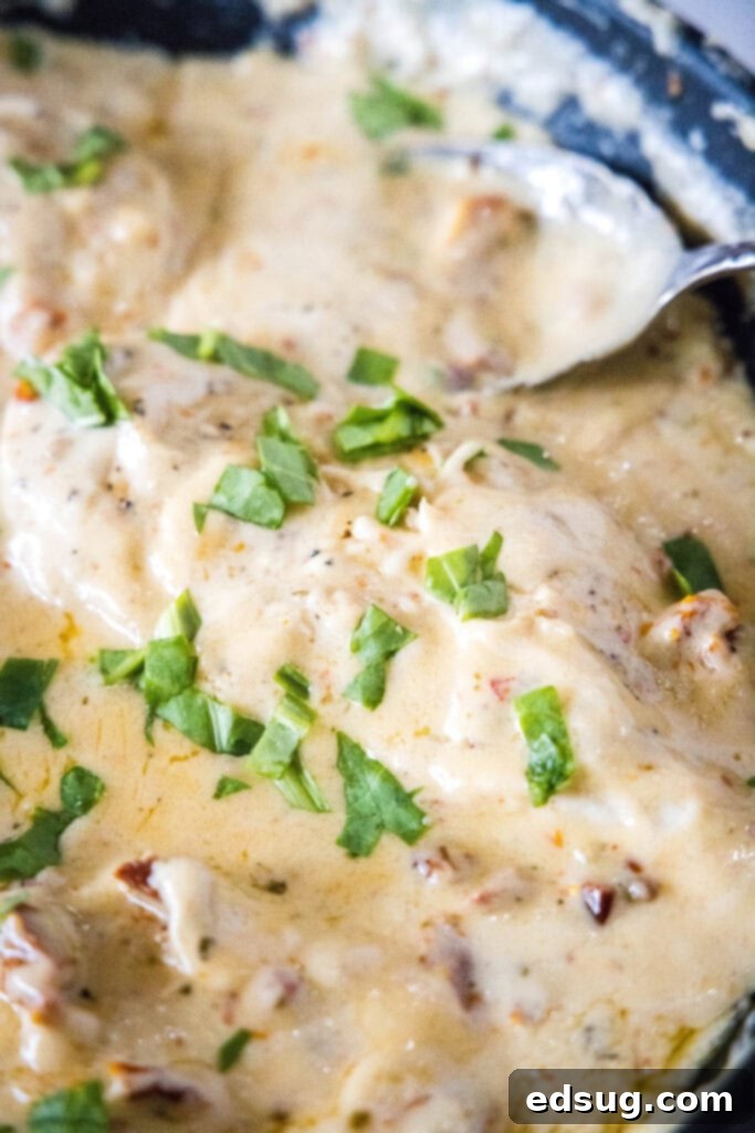 skillet with sun dried tomato sauce over chicken