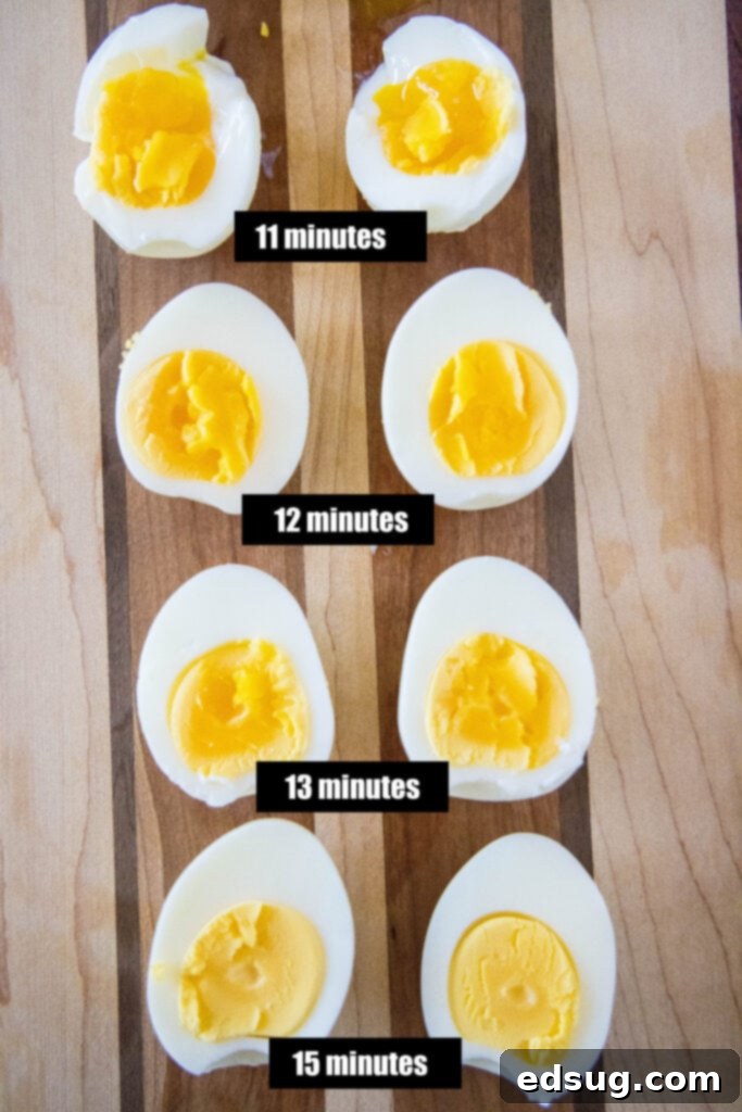 cooked eggs cut on a cutting board with cooking times