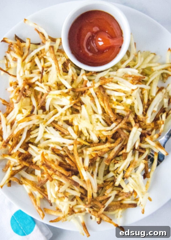 looking down on a plate of hash browns with ketchup