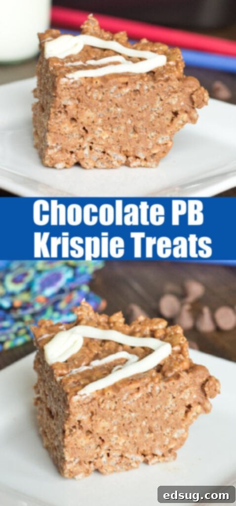 Irresistible Chocolate Peanut Butter Krispie Bars 2 A single Chocolate Peanut Butter Rice Krispie Treat, cut into a neat square, sits on a white plate, highlighting its rich color and textured surface.