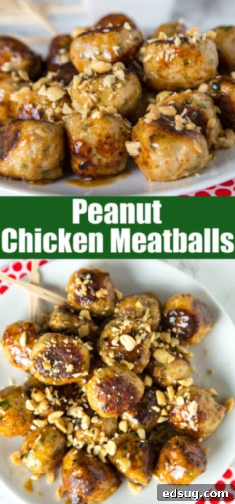 A close-up of chicken meatballs with peanut sauce, garnished with peanuts and cilantro, styled for Pinterest sharing.