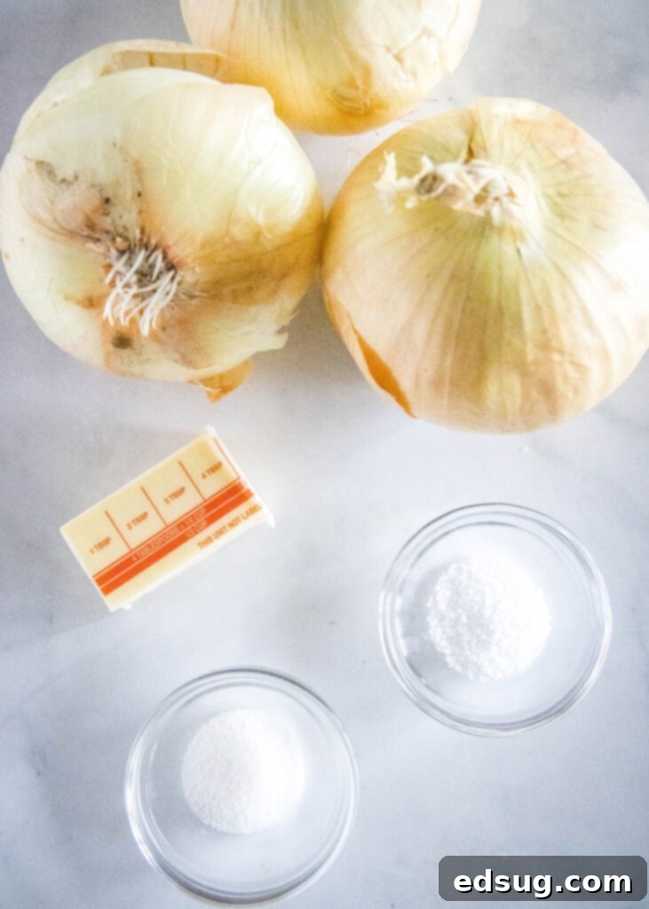 Slow Cooked Onion Perfection 3 Ingredients for slow cooker caramelized onions: sliced sweet onions, butter, salt, and sugar.