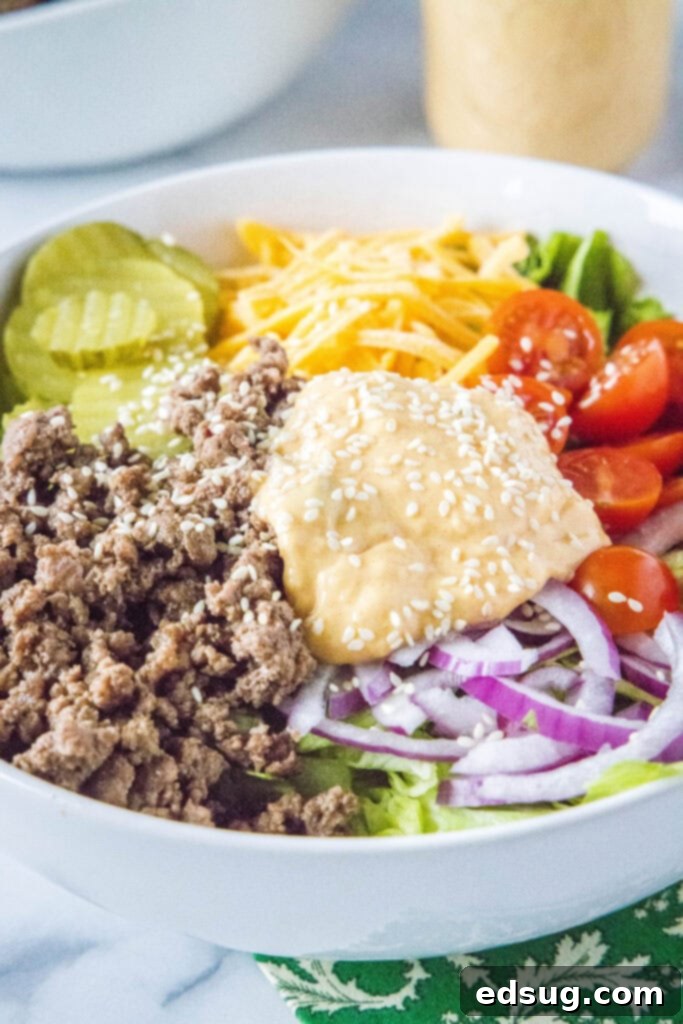Big Mac Style Salad 2 Big Mac Salad topped with homemade dressing and a sprinkle of sesame seeds, ready to be enjoyed.