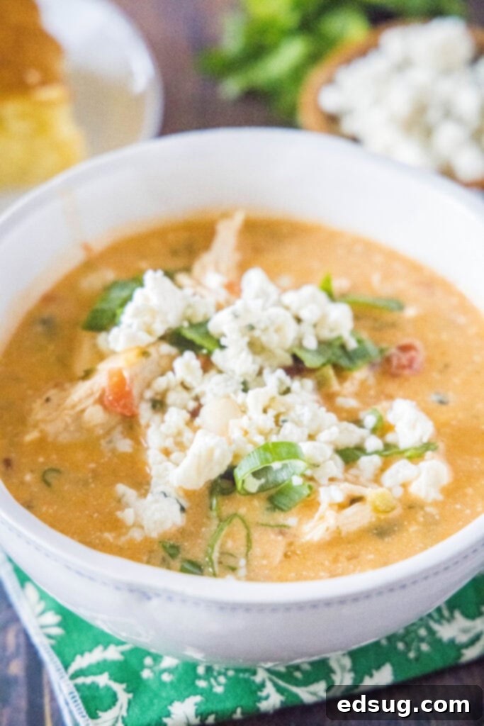 Buffalo Chicken Chili 2 a bowl of buffalo chicken chili with blue cheese and green onions