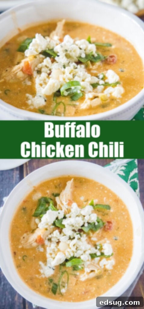 Buffalo Chicken Chili 6 close up chicken chili in a bowl for pinterest