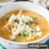 Buffalo Chicken Chili 7 cropped close up buffalo chicken chili in a white bowl