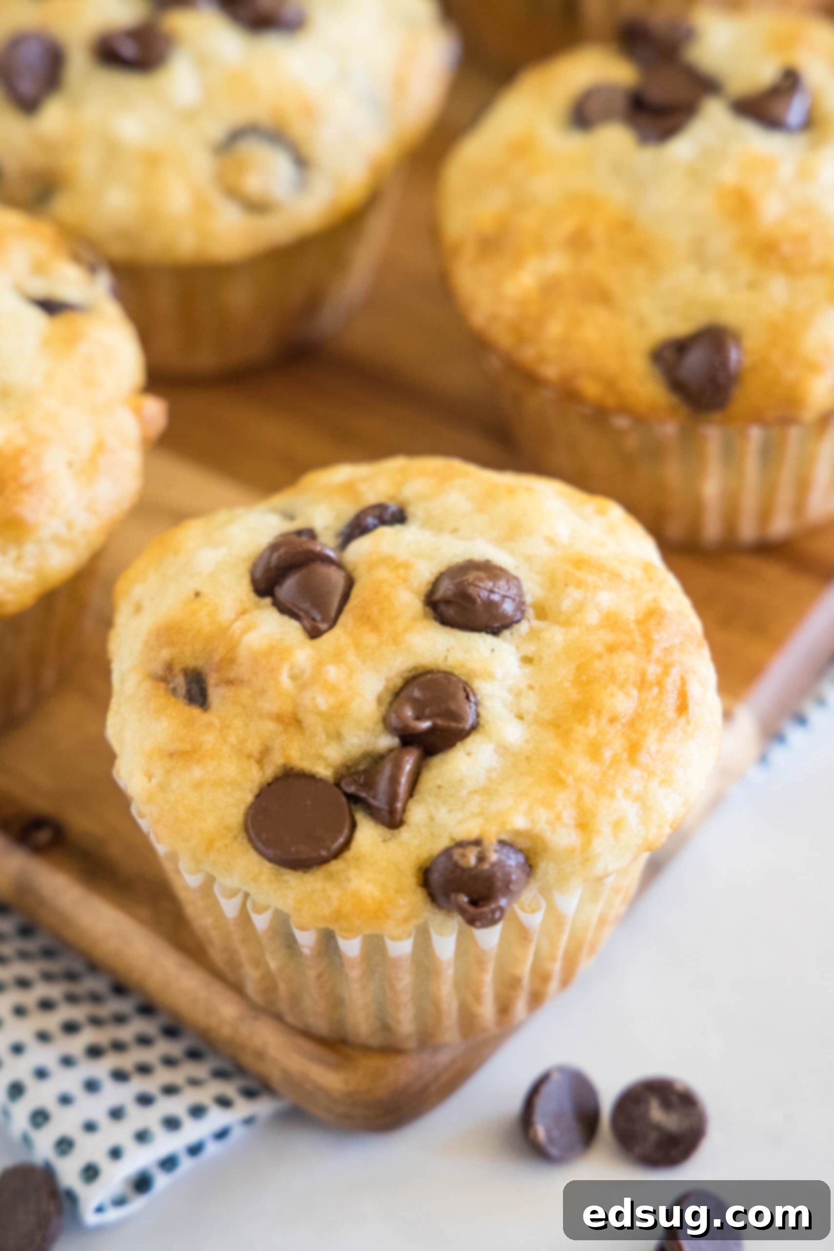 Chocolate chip buttermilk muffins on a wooden platter, showcasing their golden-brown tops and moist interior.