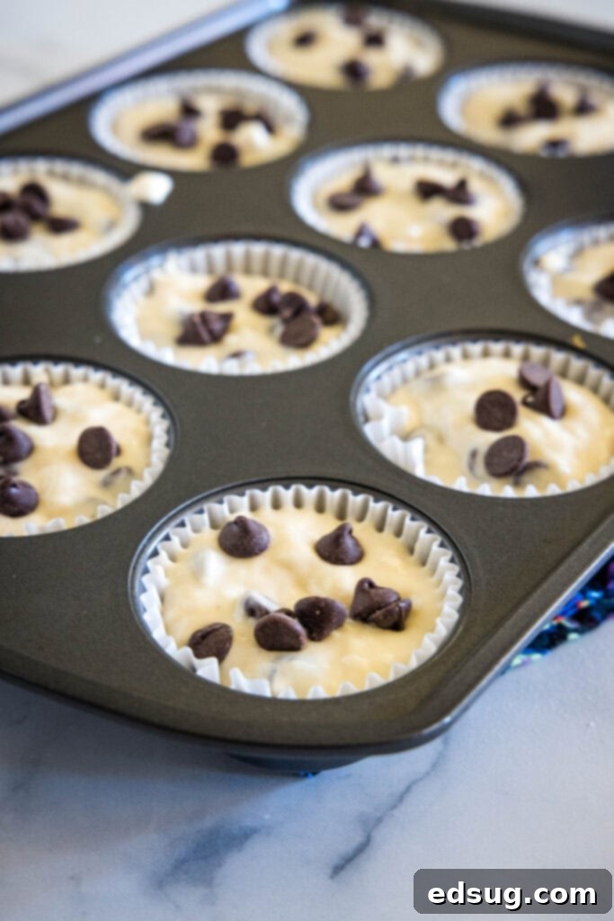 Unbaked chocolate chip buttermilk muffin batter neatly scooped into a muffin pan with liners.
