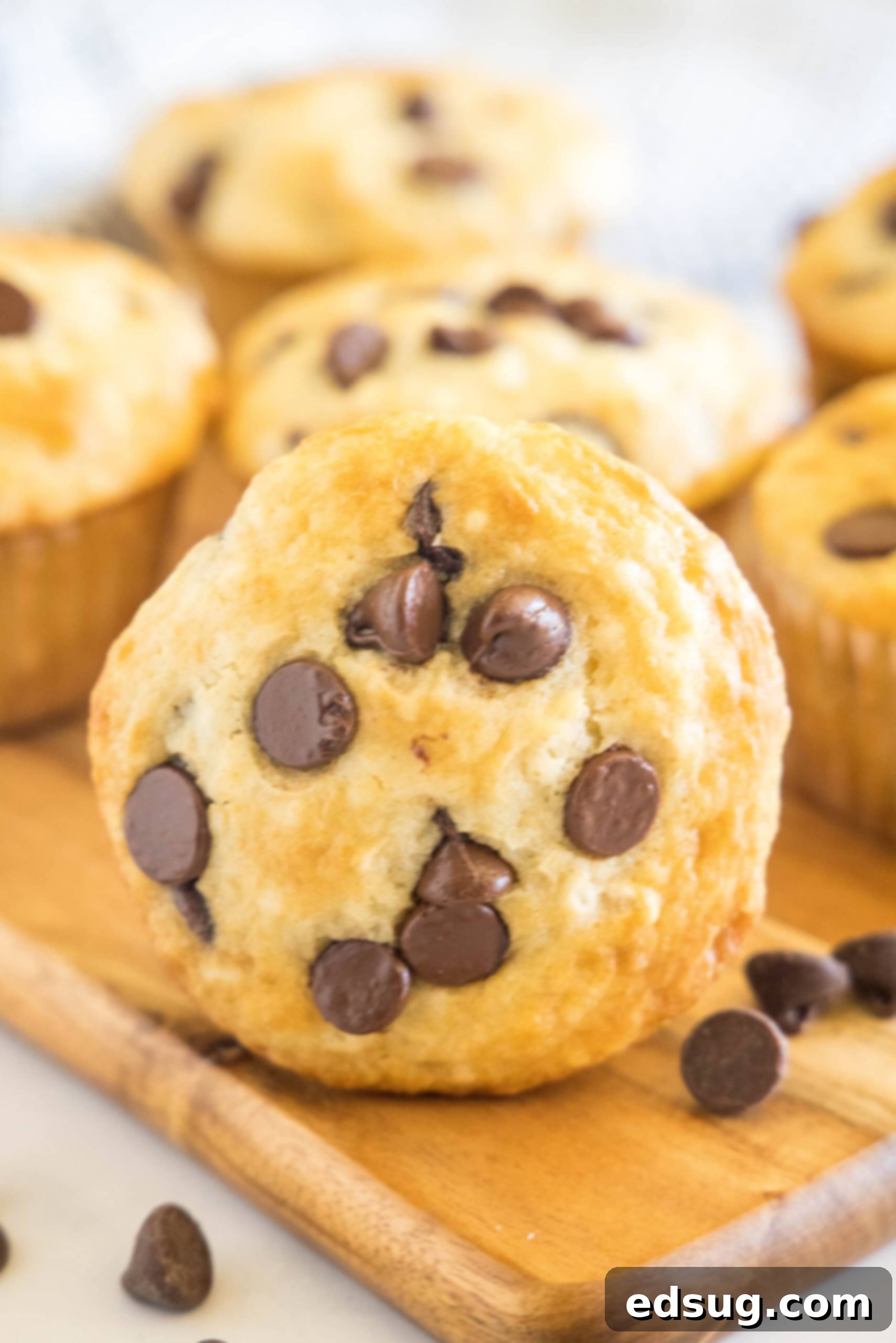 Close up of a chocolate chip buttermilk muffin on a wooden platter, showing its soft texture and melted chocolate chips.