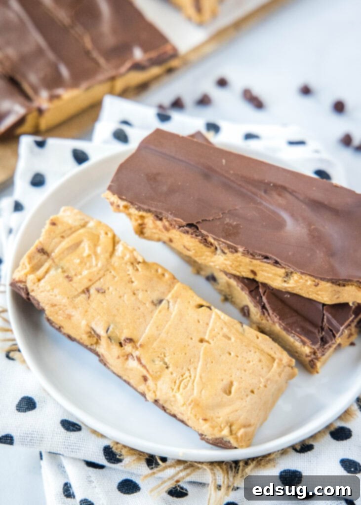 Power-Packed Peanut Butter Protein Bars 5 peanut butter protein bars on a plate, with 1 turned over to see the bottom