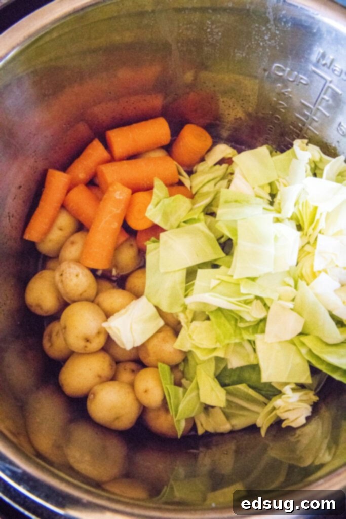 Perfect Instant Pot Corned Beef 4 Freshly chopped vegetables, including carrots, potatoes, and cabbage, placed in an Instant Pot