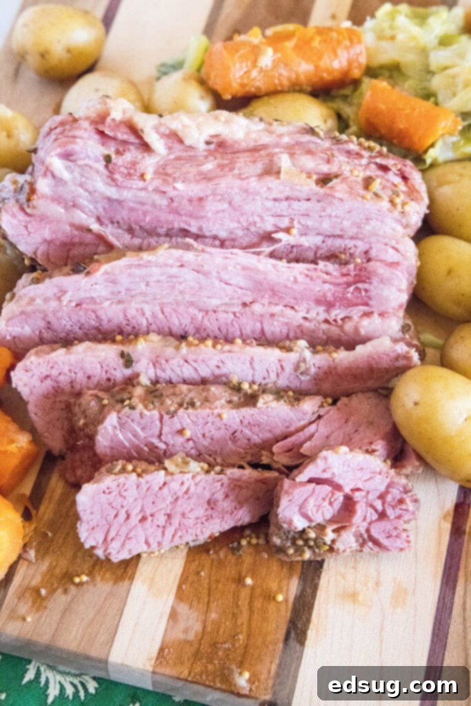 Perfect Instant Pot Corned Beef 7 Overhead view of perfectly sliced corned beef alongside cooked carrots, potatoes, and cabbage on a rustic cutting board