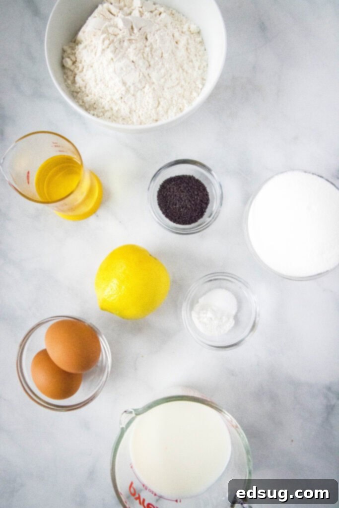 Ingredients laid out for lemon poppy seed bread, including lemons, flour, sugar, and poppy seeds.