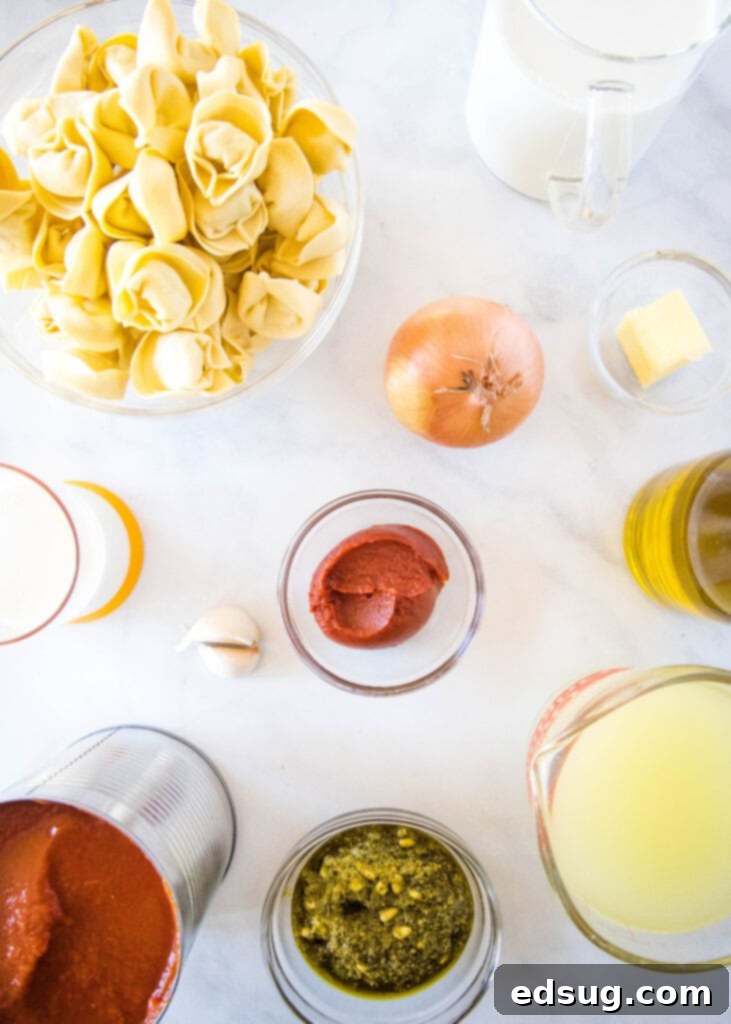 Hearty Tomato Tortellini Soup 3 various ingredients for creamy tortellini soup laid out on a counter