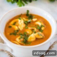 cropped close up of tortellini soup in a bowl
