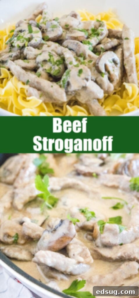 Classic Beef Stroganoff 8 Close-up of a serving of creamy beef stroganoff with mushrooms, perfect for Pinterest