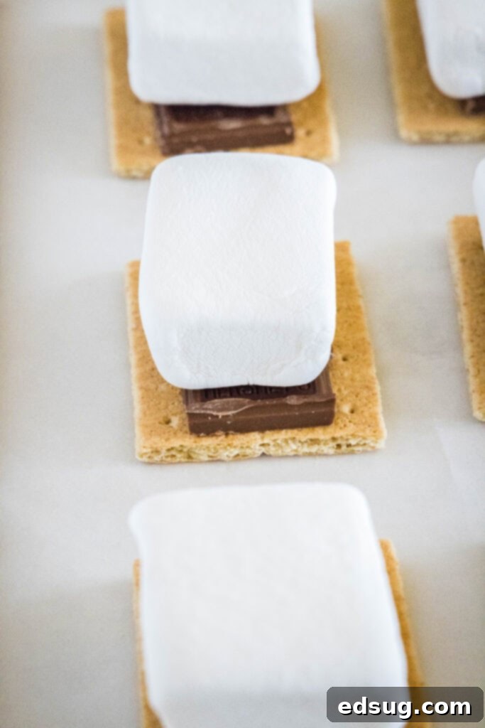 Baked Smores 3 crackers, topped with chocolate and marshmallows, ready for the oven