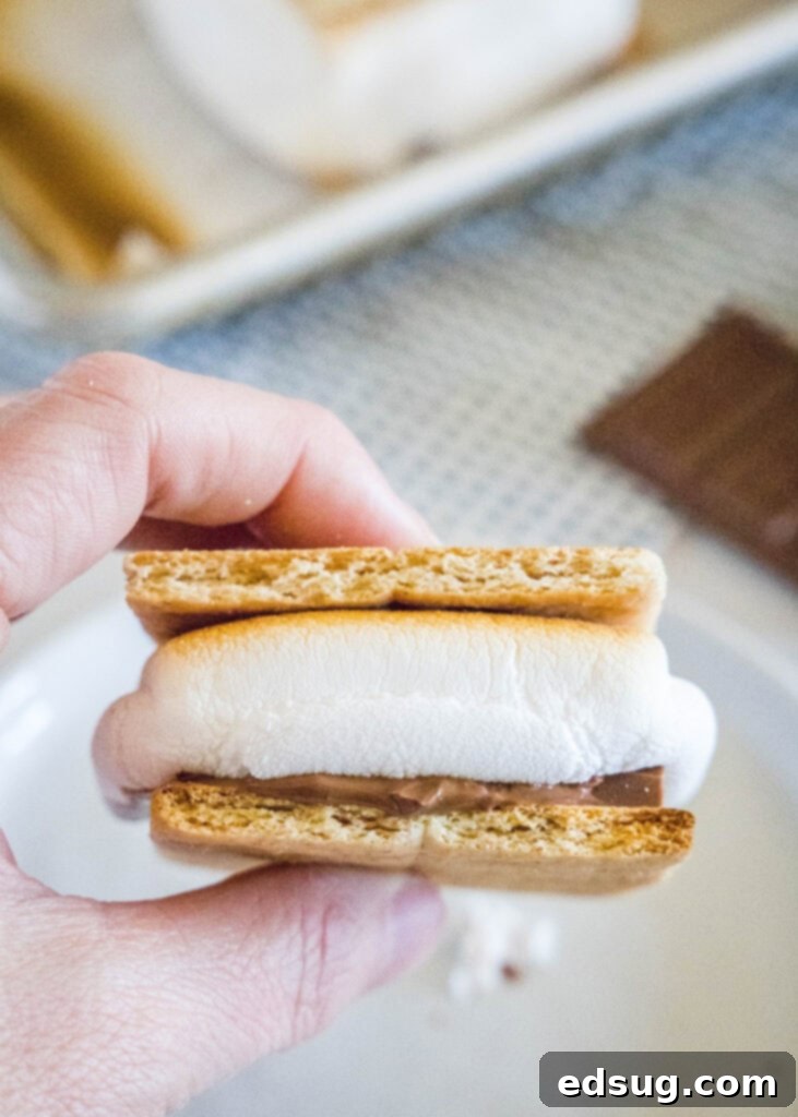 Baked Smores 5 a hand holding a freshly made oven s'more