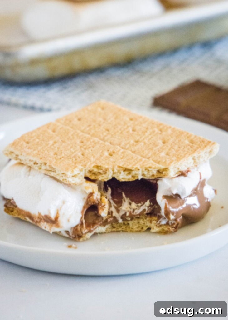 Baked Smores 6 a s'mores with a bite taken out of it, showing the gooey interior