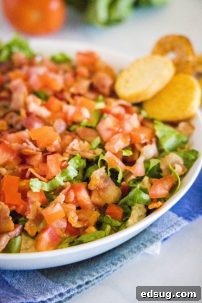 close up of blt dip on a serving platter