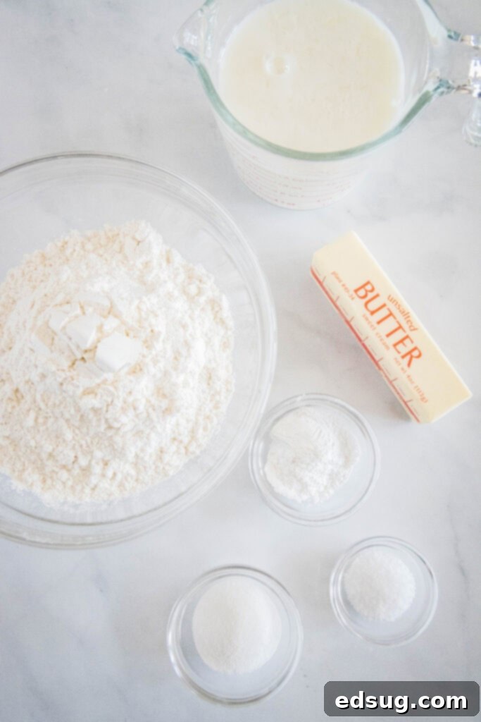 A collection of fresh ingredients laid out for making butter swim biscuits, including a stick of butter, a bowl of all-purpose flour, a carton of buttermilk, and small bowls of baking powder, sugar, and salt, highlighting the simplicity of the recipe.