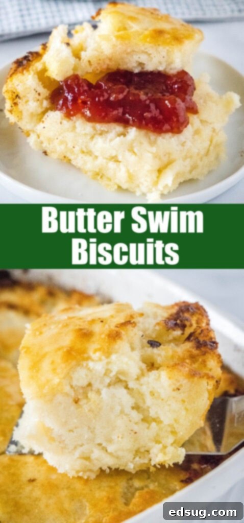 A close-up view of freshly baked butter swim biscuits in their pan, highlighting the golden-brown crust, crispy edges, and soft, inviting texture – perfect for a Pinterest share.